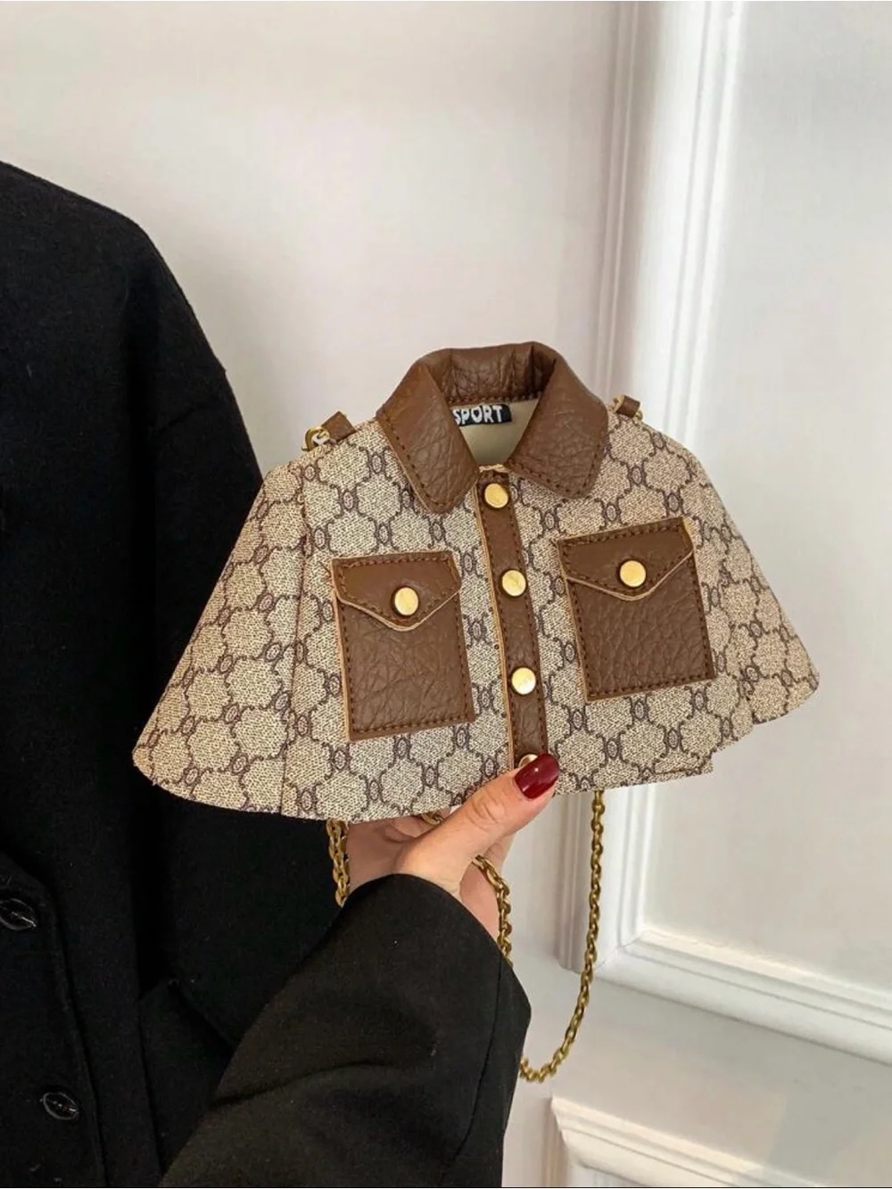 Brown Patterned Jacket-Style Crossbody Bag